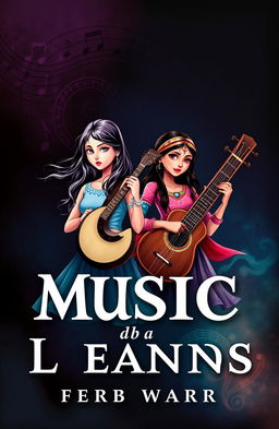A visually striking book cover featuring two girls, one representing Western music with a guitar, and the other embodying Eastern music with a sitar