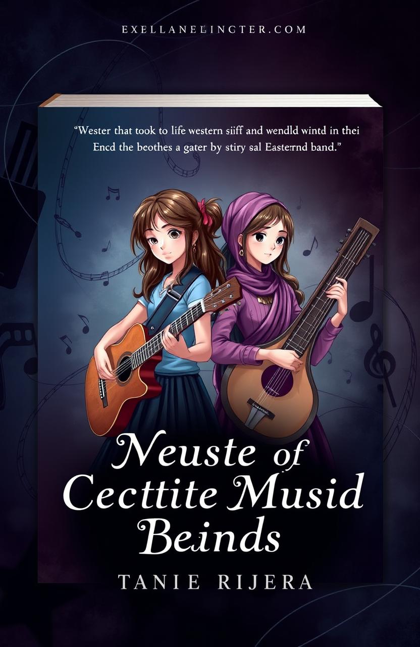 A visually striking book cover featuring two girls, one representing Western music with a guitar, and the other embodying Eastern music with a sitar