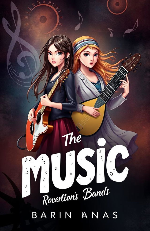 A visually striking book cover featuring two girls, one representing Western music with a guitar, and the other embodying Eastern music with a sitar