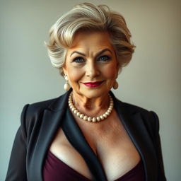 A confident 70-year-old woman styled in a bold and daring outfit that features a deep neckline, proudly showcasing her curvaceous figure