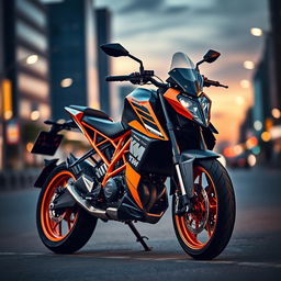 A stunning high-resolution portrait of the KTM Duke 200 motorcycle, showcasing its sleek design and vibrant orange and black color scheme