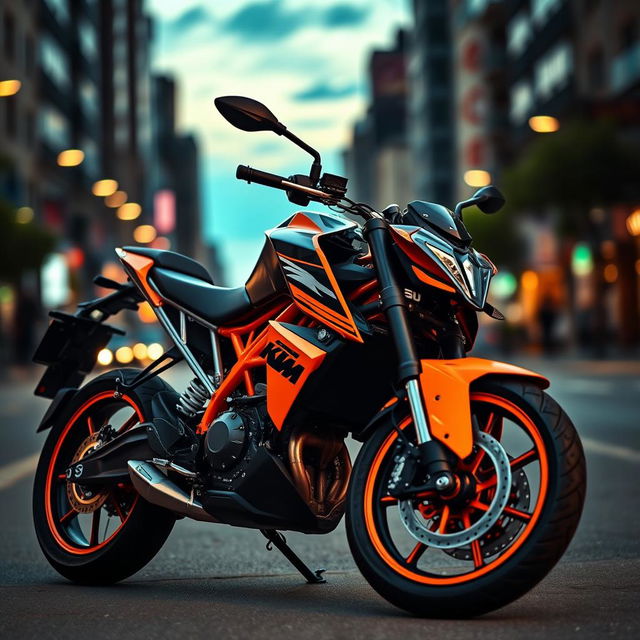 A stunning high-resolution portrait of the KTM Duke 200 motorcycle, showcasing its sleek design and vibrant orange and black color scheme