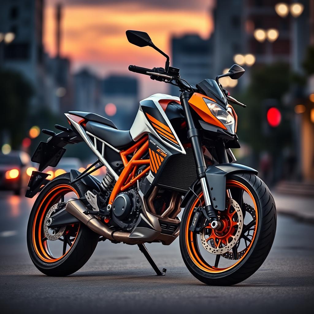 A stunning high-resolution portrait of the KTM Duke 200 motorcycle, showcasing its sleek design and vibrant orange and black color scheme