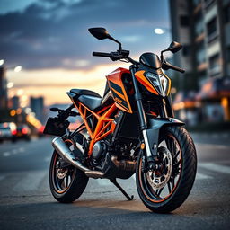 A stunning high-resolution portrait of the KTM Duke 200 motorcycle, showcasing its sleek design and vibrant orange and black color scheme