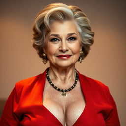 A striking 70-year-old woman confidently styled in a bold outfit that features a deep neckline, proudly displaying her voluptuous figure