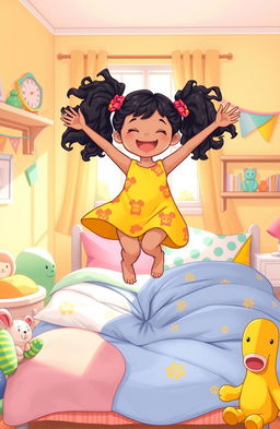 An illustration of a joyful fair girl with curly black hair styled in pigtails, wearing a bright yellow sundress adorned with cute animal prints