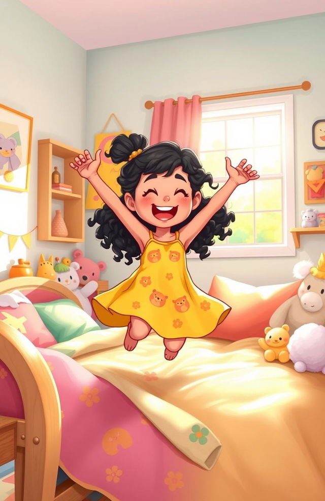 An illustration of a joyful fair girl with curly black hair styled in pigtails, wearing a bright yellow sundress adorned with cute animal prints