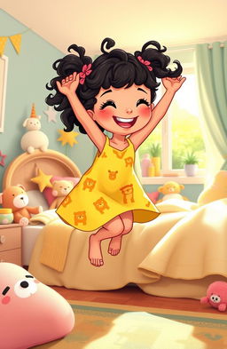 An illustration of a joyful fair girl with curly black hair styled in pigtails, wearing a bright yellow sundress adorned with cute animal prints