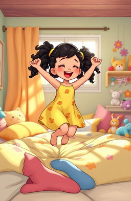 An illustration of a joyful fair girl with curly black hair styled in pigtails, wearing a bright yellow sundress adorned with cute animal prints