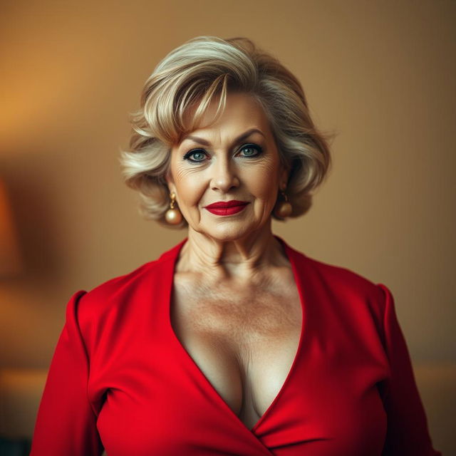 A bold and confident 70-year-old woman dressed in a striking red outfit that features a deep neckline, proudly showcasing her voluptuous figure