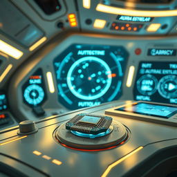 A futuristic scene depicting a high-tech chip designed to regulate the energy of spaceship thrusters