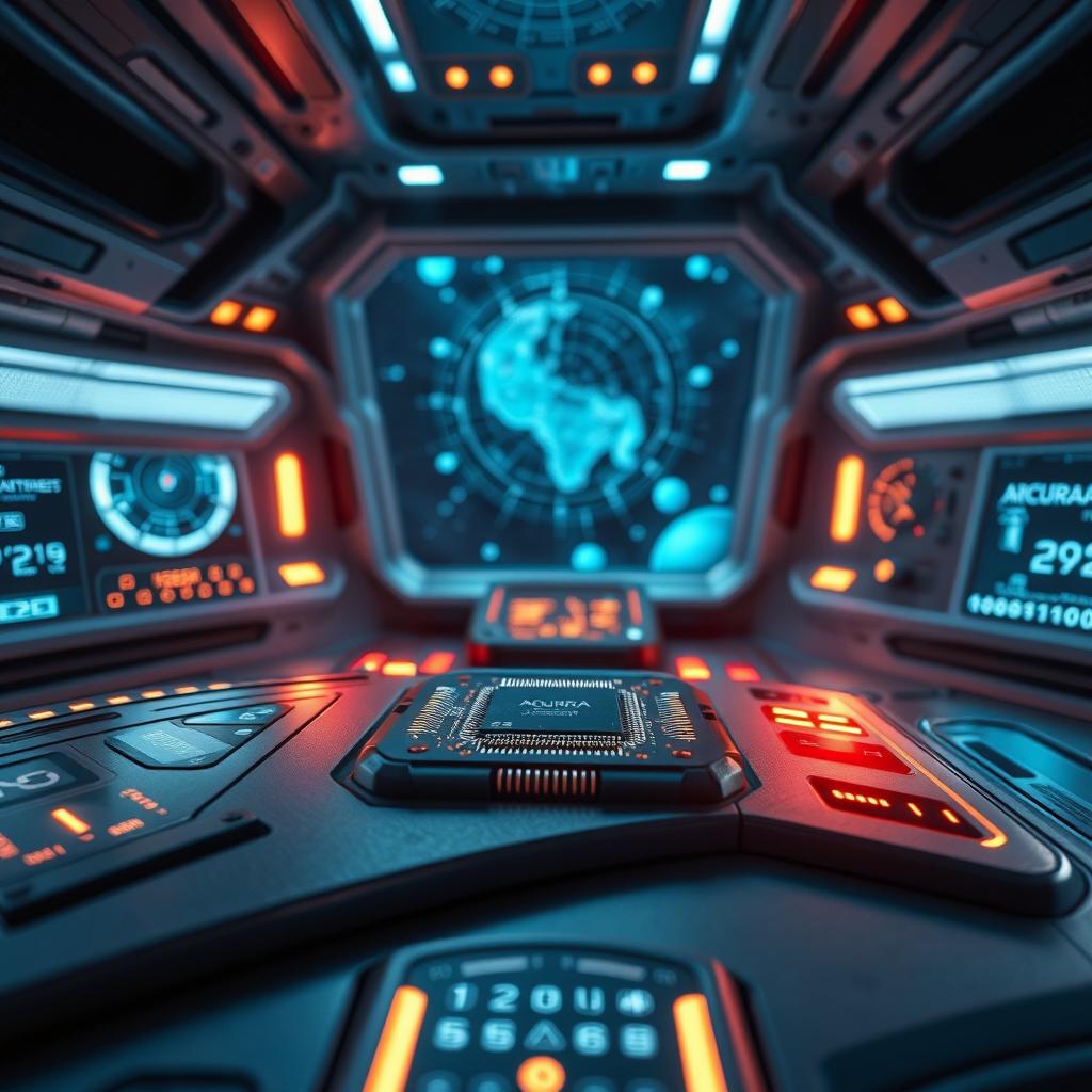 A futuristic scene depicting a high-tech chip designed to regulate the energy of spaceship thrusters