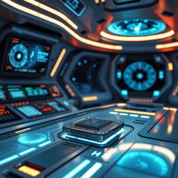 A futuristic scene depicting a high-tech chip designed to regulate the energy of spaceship thrusters
