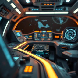 A futuristic scene depicting a high-tech chip designed to regulate the energy of spaceship thrusters