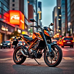 A captivating scene featuring the KTM Duke 200 motorcycle parked against a vibrant cityscape background