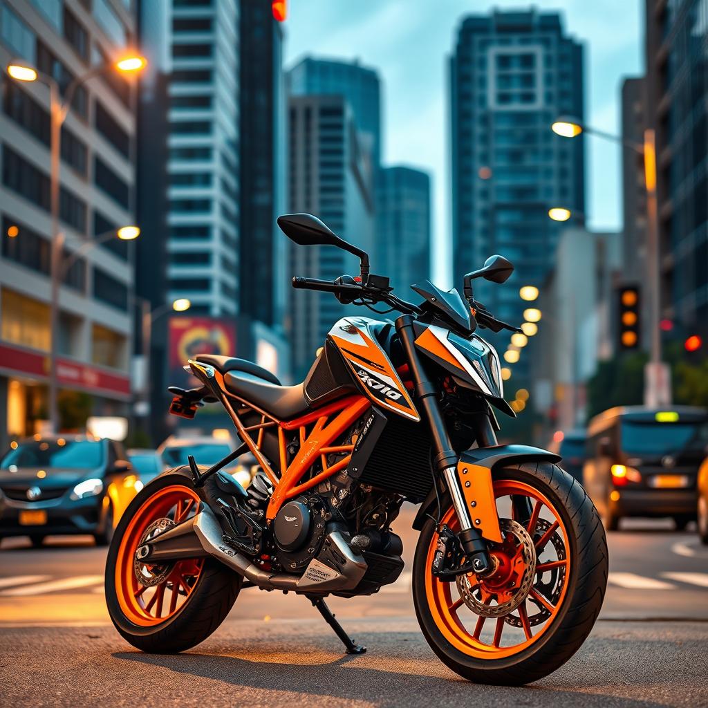 A captivating scene featuring the KTM Duke 200 motorcycle parked against a vibrant cityscape background