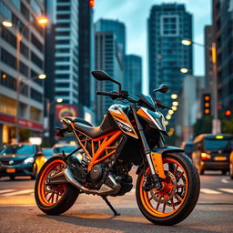 A captivating scene featuring the KTM Duke 200 motorcycle parked against a vibrant cityscape background