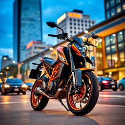 A captivating scene featuring the KTM Duke 200 motorcycle parked against a vibrant cityscape background