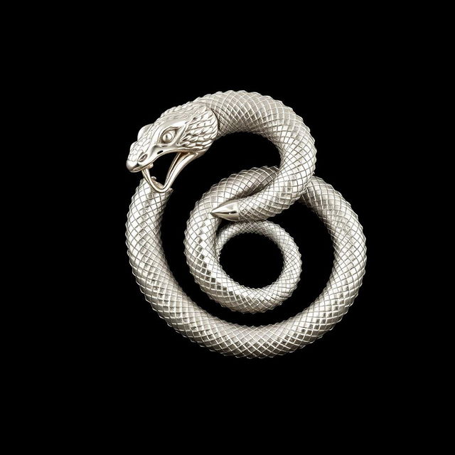 A striking silver ouroboros, depicted intricately as a serpent eating its own tail, set against a rich black background