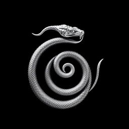 A striking silver ouroboros, depicted intricately as a serpent eating its own tail, set against a rich black background