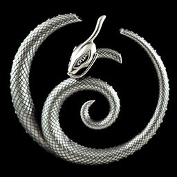 A striking silver ouroboros, depicted intricately as a serpent eating its own tail, set against a rich black background