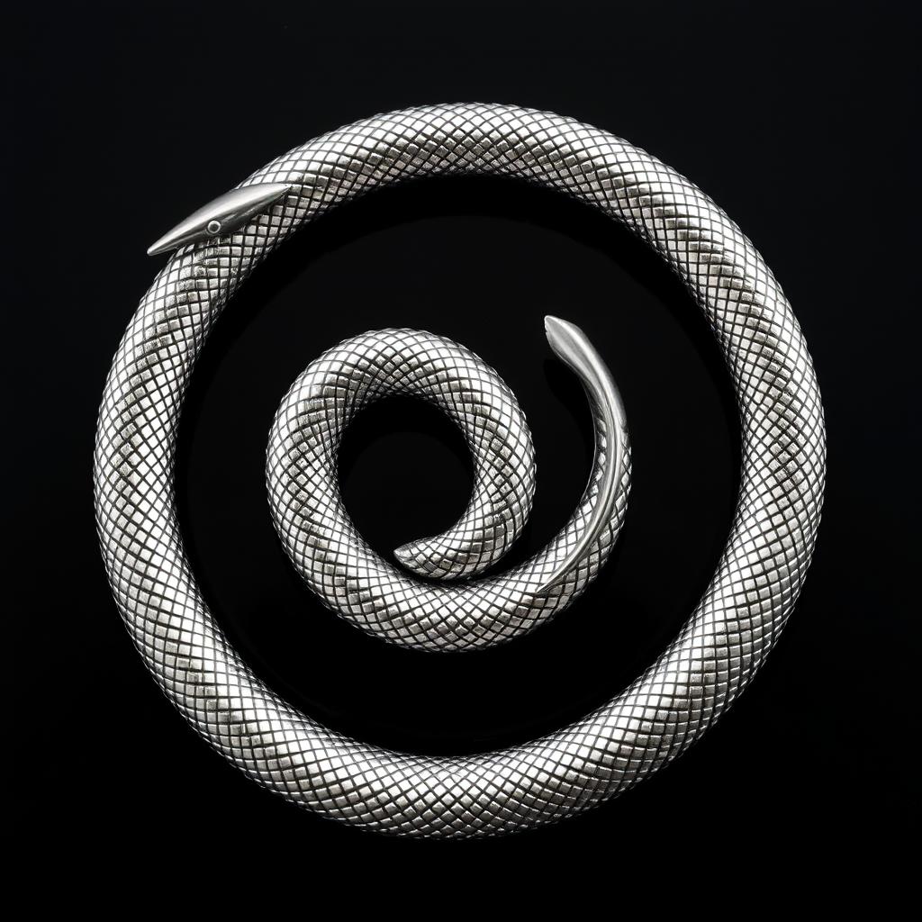 A striking silver ouroboros, depicted intricately as a serpent eating its own tail, set against a rich black background