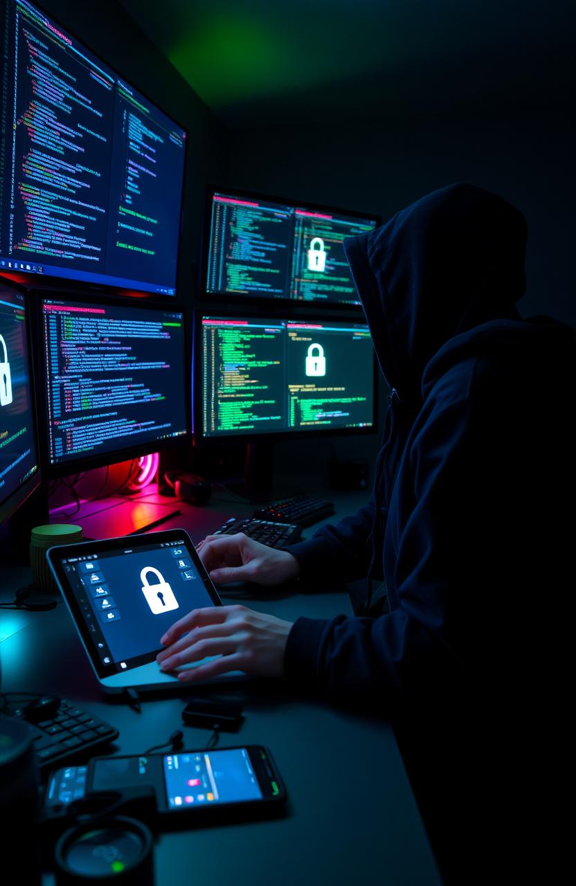 A skilled hacker, often called a 'jailbreaker', is depicted seated at a sleek, modern workstation filled with multiple high-tech monitors displaying lines of code and digital security protocols
