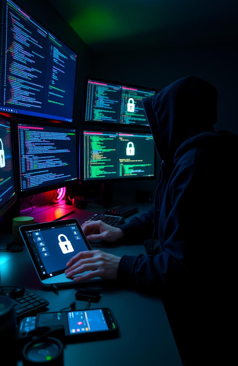 A skilled hacker, often called a 'jailbreaker', is depicted seated at a sleek, modern workstation filled with multiple high-tech monitors displaying lines of code and digital security protocols