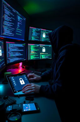 A skilled hacker, often called a 'jailbreaker', is depicted seated at a sleek, modern workstation filled with multiple high-tech monitors displaying lines of code and digital security protocols