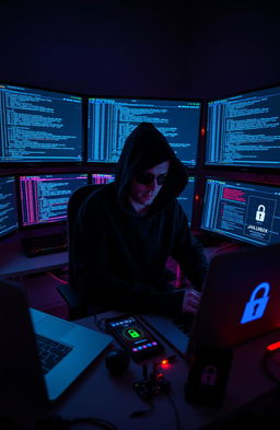 A skilled hacker, often called a 'jailbreaker', is depicted seated at a sleek, modern workstation filled with multiple high-tech monitors displaying lines of code and digital security protocols