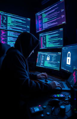 A skilled hacker, often called a 'jailbreaker', is depicted seated at a sleek, modern workstation filled with multiple high-tech monitors displaying lines of code and digital security protocols