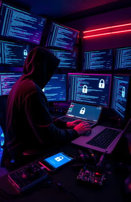 A skilled hacker, often called a 'jailbreaker', is depicted seated at a sleek, modern workstation filled with multiple high-tech monitors displaying lines of code and digital security protocols