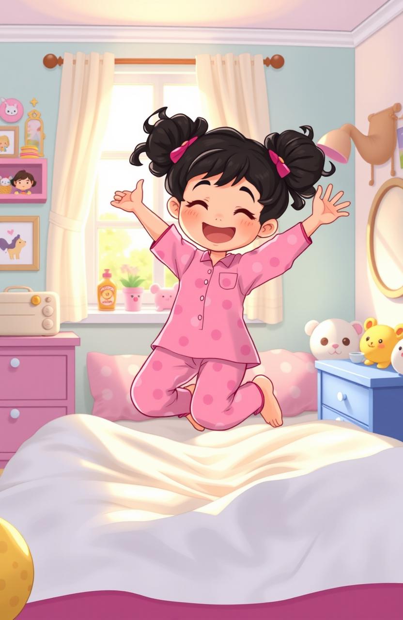 An illustration of a joyful fair girl with curly black hair styled in pigtails, dressed in whimsical pink pajamas, joyfully jumping out of a cozy bed in a colorful and inviting bedroom