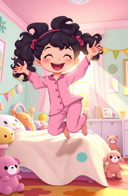 An illustration of a joyful fair girl with curly black hair styled in pigtails, dressed in whimsical pink pajamas, joyfully jumping out of a cozy bed in a colorful and inviting bedroom