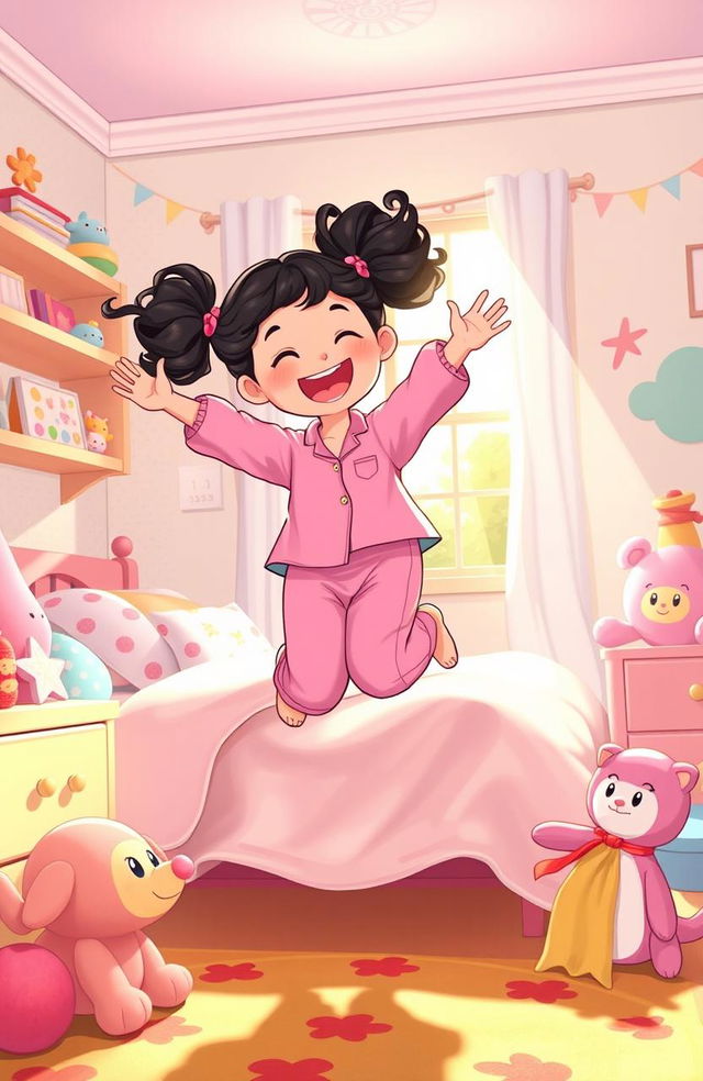 An illustration of a joyful fair girl with curly black hair styled in pigtails, dressed in whimsical pink pajamas, joyfully jumping out of a cozy bed in a colorful and inviting bedroom