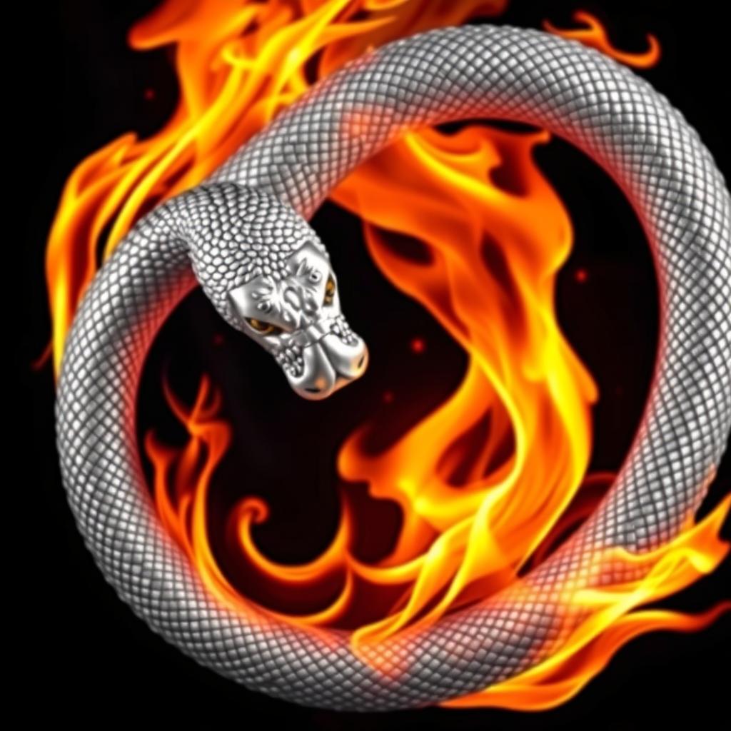 A silver ouroboros snake coiled around itself, with intricate scales shimmering in the light