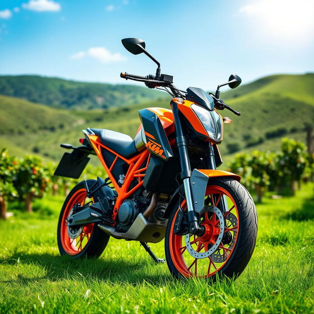 An artistic scene featuring the KTM Duke 200 motorcycle prominently displayed in a lush green environment, surrounded by beautiful coffee plantations