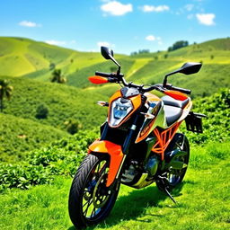 An artistic scene featuring the KTM Duke 200 motorcycle prominently displayed in a lush green environment, surrounded by beautiful coffee plantations