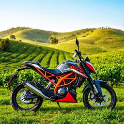 An artistic scene featuring the KTM Duke 200 motorcycle prominently displayed in a lush green environment, surrounded by beautiful coffee plantations