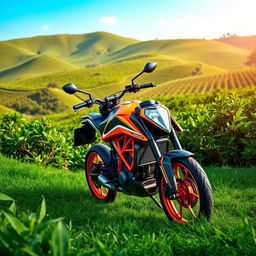 An artistic scene featuring the KTM Duke 200 motorcycle prominently displayed in a lush green environment, surrounded by beautiful coffee plantations