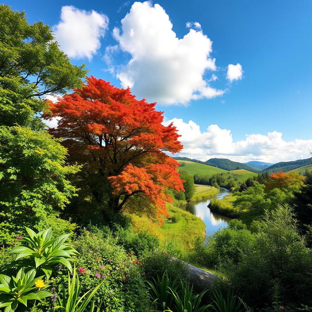 A stunning, lush green landscape featuring vibrant trees and plants, with gentle rolling hills in the background