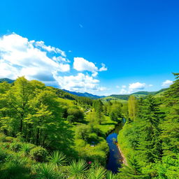 A stunning, lush green landscape featuring vibrant trees and plants, with gentle rolling hills in the background