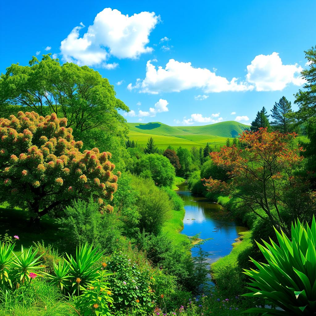 A stunning, lush green landscape featuring vibrant trees and plants, with gentle rolling hills in the background