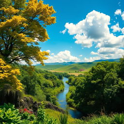 A stunning, lush green landscape featuring vibrant trees and plants, with gentle rolling hills in the background