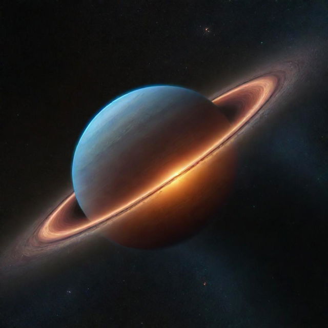 A vibrant gas giant with a spectrum of exotic colors, accompanied by large, luminous rings stretching out into space, reflecting the starlight