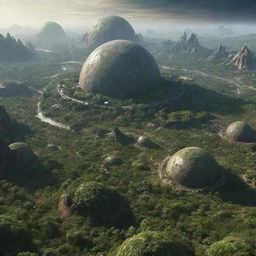 A planet undergoing terraforming, with towering bio-domes housing lush greenery against the contrast of barren and alien terrains