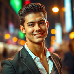 A handsome young man with striking features, styled hair, and a confident smile