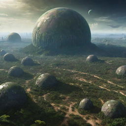 A planet undergoing terraforming, with towering bio-domes housing lush greenery against the contrast of barren and alien terrains