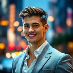 A handsome young man with striking features, styled hair, and a confident smile
