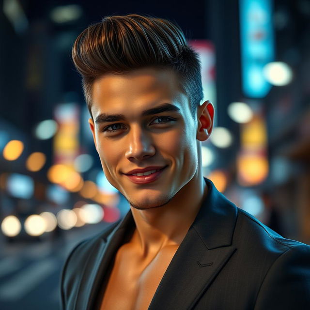 A handsome young man with striking features, styled hair, and a confident smile